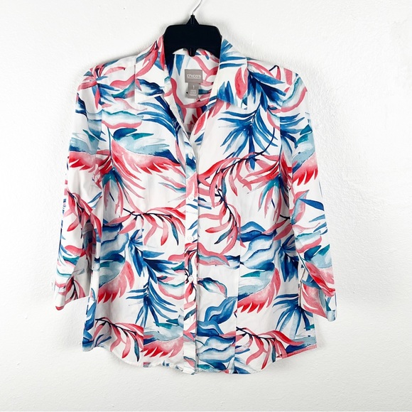 CHICO’S Tropical Floral Resort Print 100% Cotton 3/4 Sleeves Button Top  Medium - Picture 1 of 8